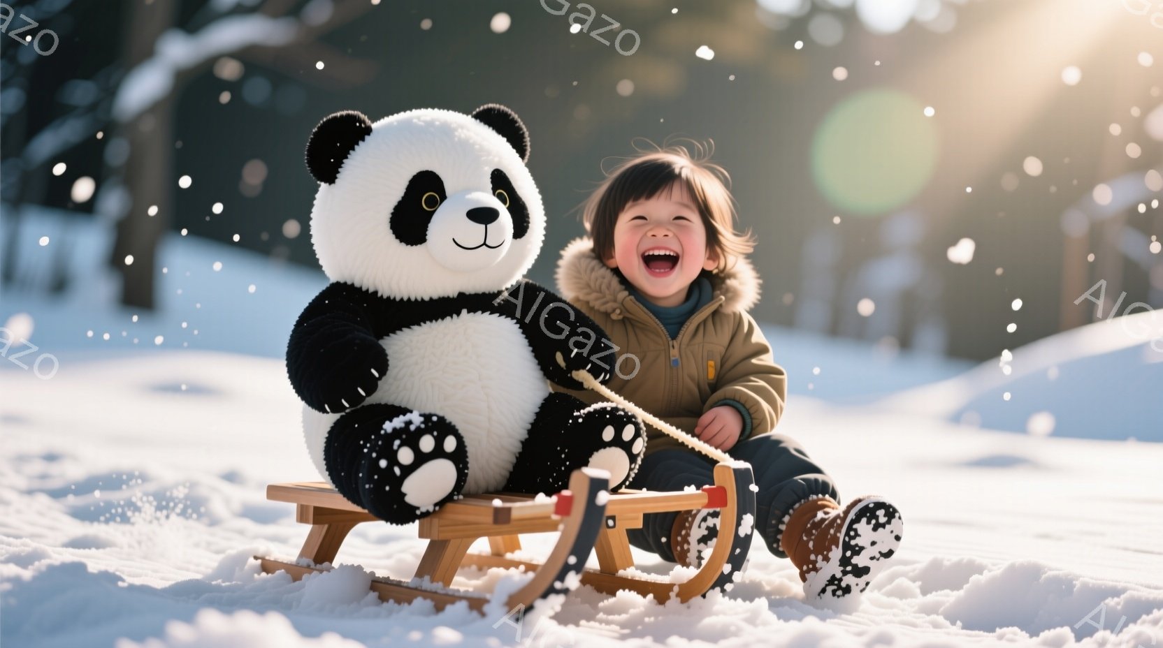 雪景色の中で、少年が大きなパンダのぬいぐるみと一緒にソリに乗っている。少年は茶色の髪で、赤いジャケットを着て、満面の笑みを浮かべている。背景は雪に覆われた白い景色で、冬の暖かく楽しい雰囲気が漂っている。