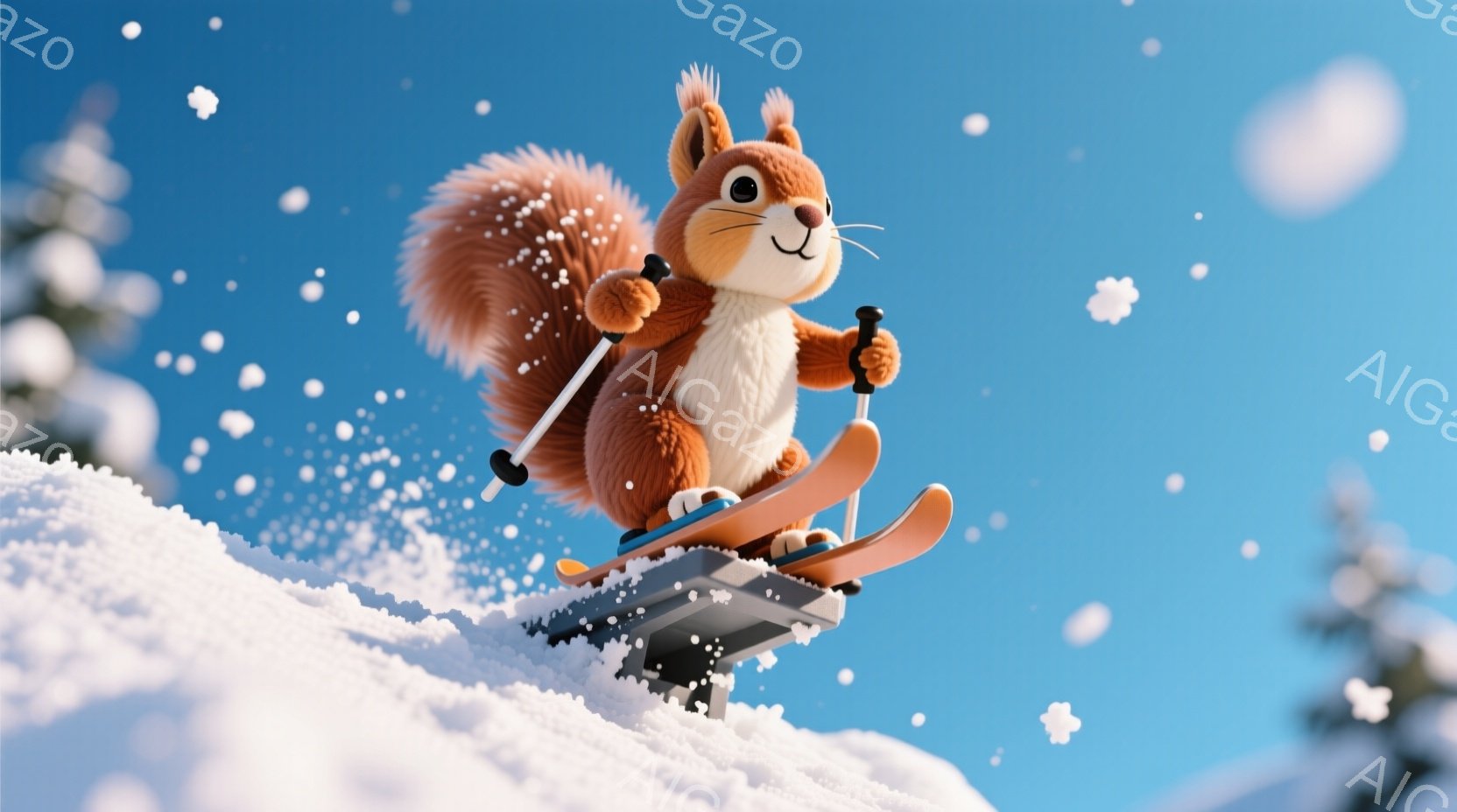 茶色のリスがスキー板に乗って雪山を滑走している様子が描かれています。リスは黒いゴーグルをつけ、小さな手でスキーポールを持っています。背景には雪に覆われた山々と青空が広がり、雪が舞う冬の情景が表現されて - AI生成フリー素材