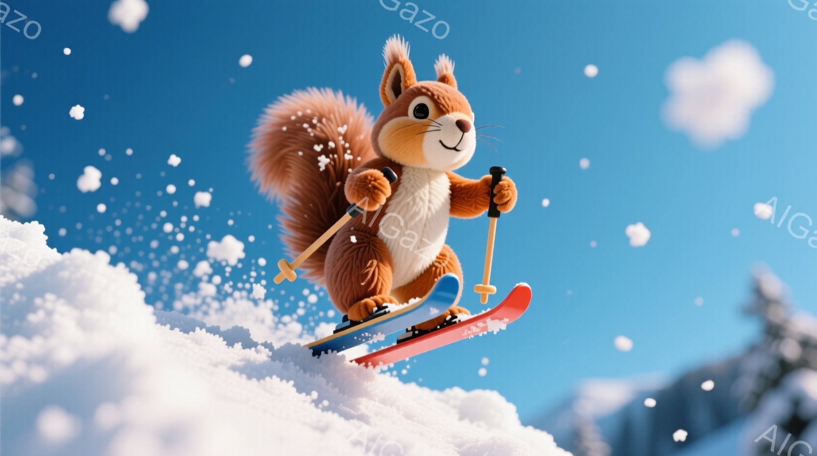 茶色のリスがスキーをして雪の上を滑っている様子が描かれています。リスは赤いスキー板と黄色いストックを持ち、楽しそうな表情で勢いよく滑っています。背景には雪山と青空が広がり、雪が舞い散る冬の景色が広がっ - AI生成フリー素材
