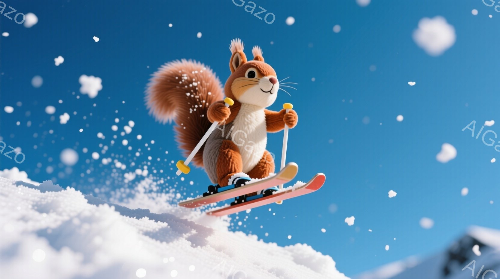 リスがスキーをして空中を飛んでいる様子が描かれています。オレンジ色の体を持ち、ピンク色のスキーウェアと青色のブーツを着用し、顔には楽しそうな表情が見られます。背景は雪に覆われた山々と青空で、冬の爽やかな雰囲気が漂っています。