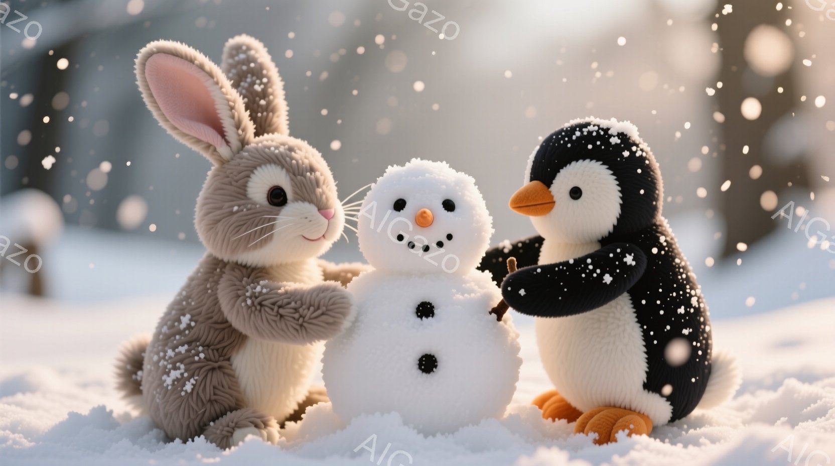 柔らかい茶色のウサギとペンギンのぬいぐるみは、雪で作られた小さな雪だるまの周りに立っています。雪だるまは、石炭のような黒い目と人参のようなオレンジ色の鼻を持っており、笑顔を浮かべています。背景は雪景色 - AI生成フリー素材