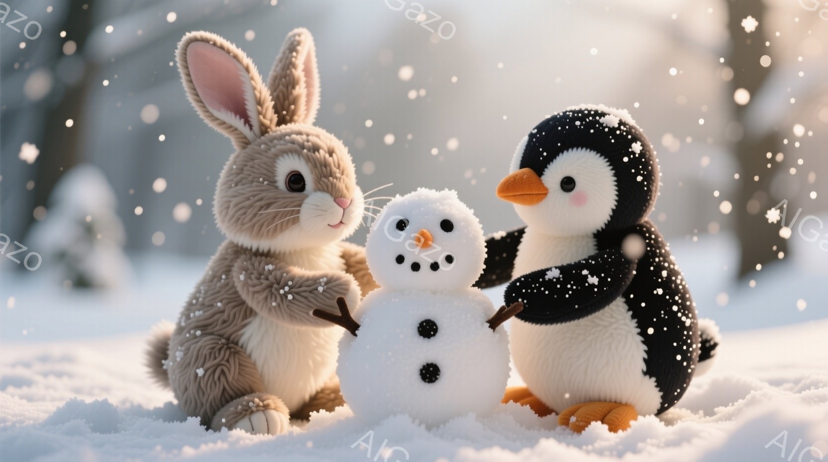 ふわふわの茶色のウサギとペンギンが、雪で作られた小さな雪だるまと一緒に写っています。ウサギは雪だるまを優しく抱きしめ、ペンギンは雪だるまの横に立って、少し微笑んでいるように見えます。背景は雪景色で、全 - AI生成フリー素材