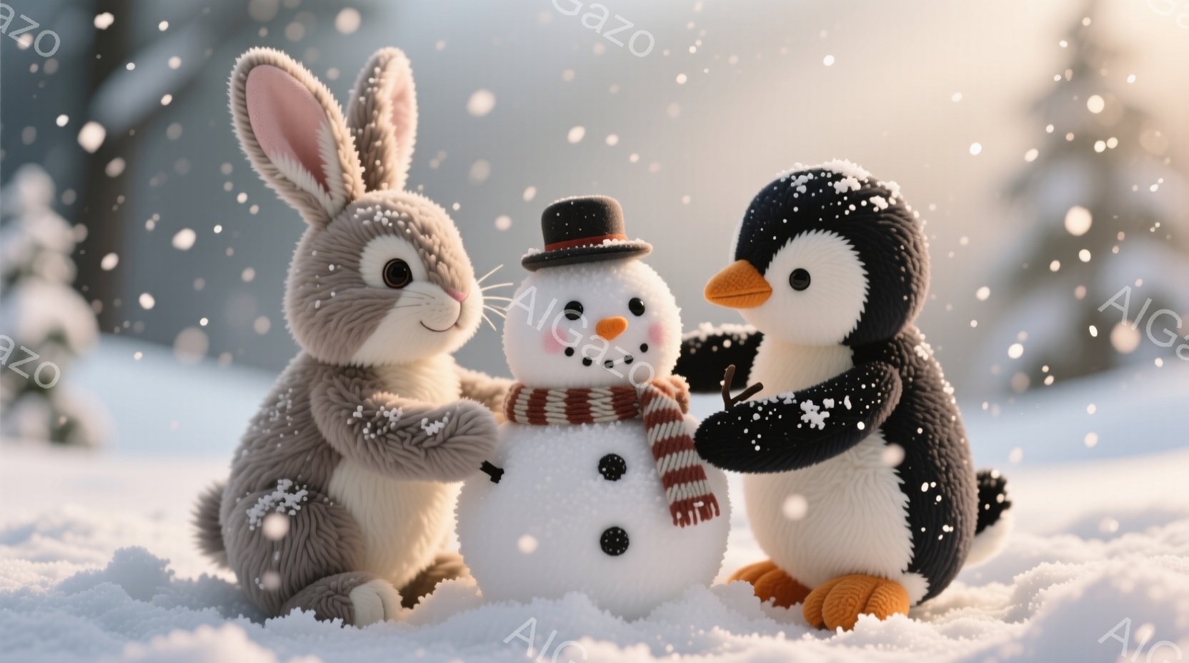 ふわふわの茶色のウサギとペンギンのぬいぐるみのようなキャラクターが雪だるまを作っています。ウサギは片手を雪だるまの腕に置き、ペンギンは赤いストライプの暖簾を雪だるまに巻き付けています。背景は白く輝く雪 - AI生成フリー素材