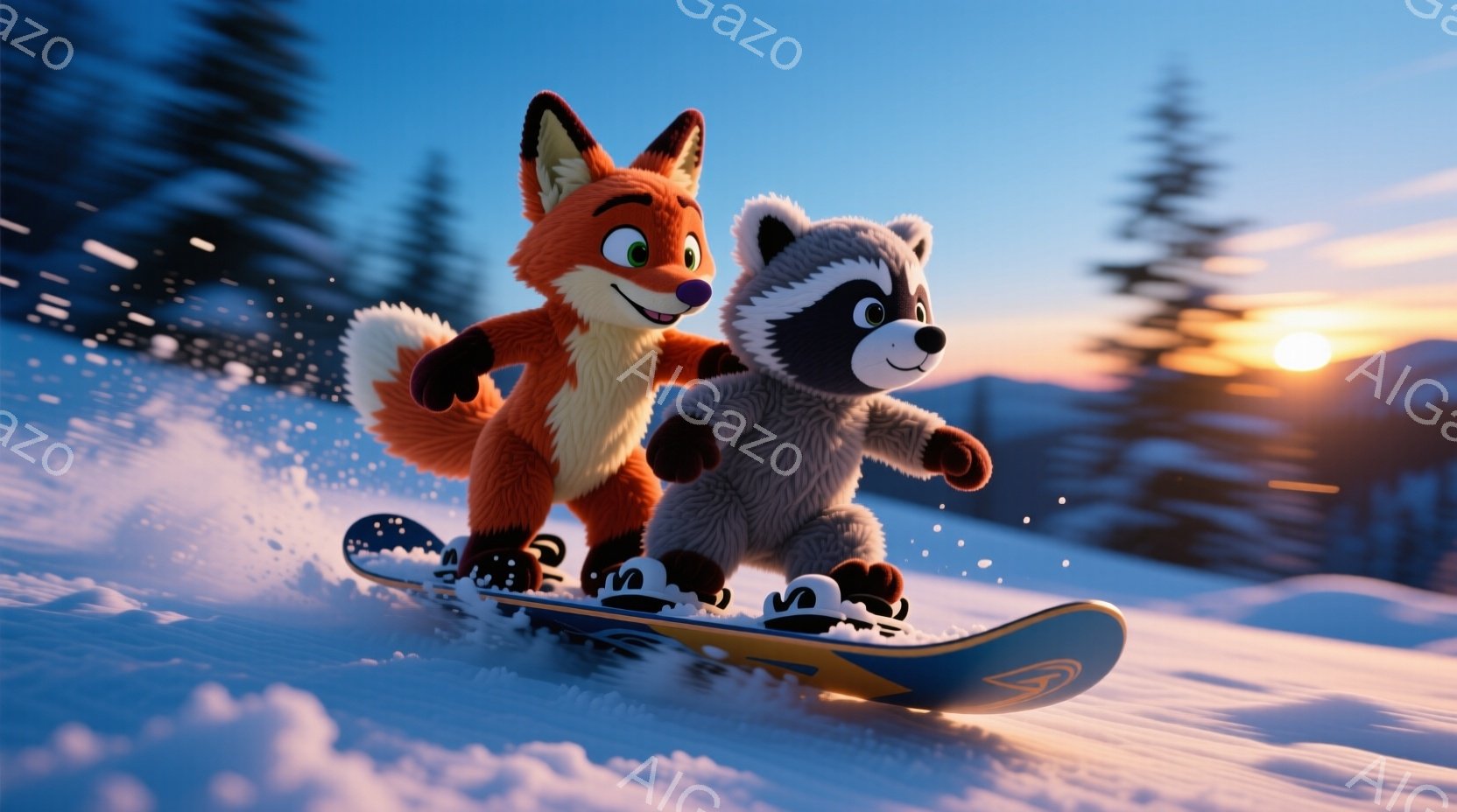 雪の上をスノーボードで滑るキツネとアライグマが描かれています。キツネはオレンジ色の毛並みで、アライグマは灰色の毛並みで、どちらも楽しそうな表情をしています。背景には雪山と夕焼けが広がり、冬の活気ある雰囲気を醸し出しています。