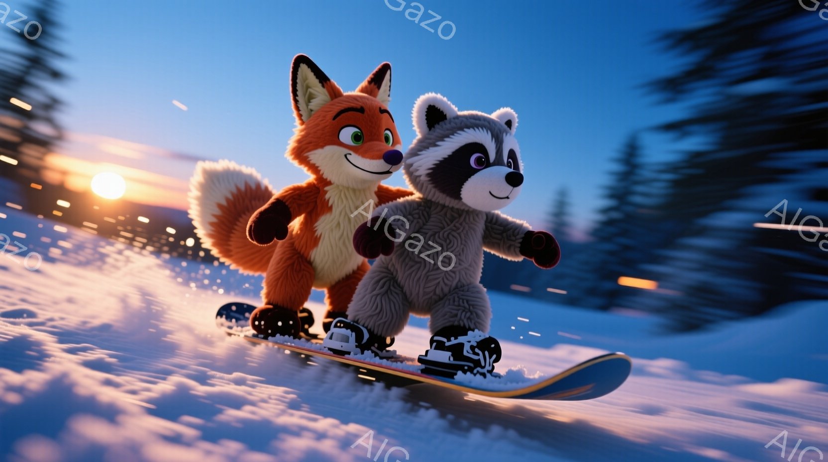 キツネとアライグマがスノーボードに乗って雪山を滑走している様子が描かれています。キツネはオレンジ色の毛並みで、興奮した表情で前を見つめ、アライグマは灰色の毛並みで、少し緊張した表情でキツネの後に続いています。背景には、雪に覆われた山々と、夕焼けの光が差し込む空が広がり、躍動感と冬の暖かさを感じさせる雰囲気です。