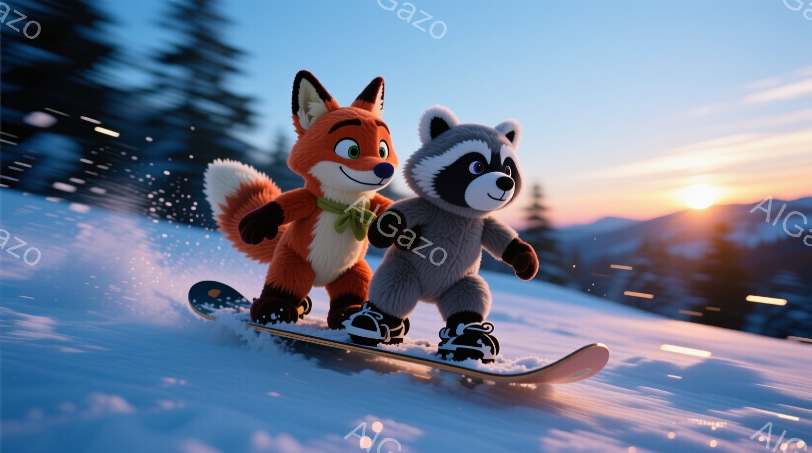 雪の上をスノーボードで滑るキツネとアライグマが描かれています。キツネはオレンジ色の毛並みで、緑色のリボンを首に巻き、アライグマは灰色の毛並みで、楽しそうな表情をしています。背景には雪山と夕焼けが広がり、活気に満ちた冬の雰囲気が漂っています。
