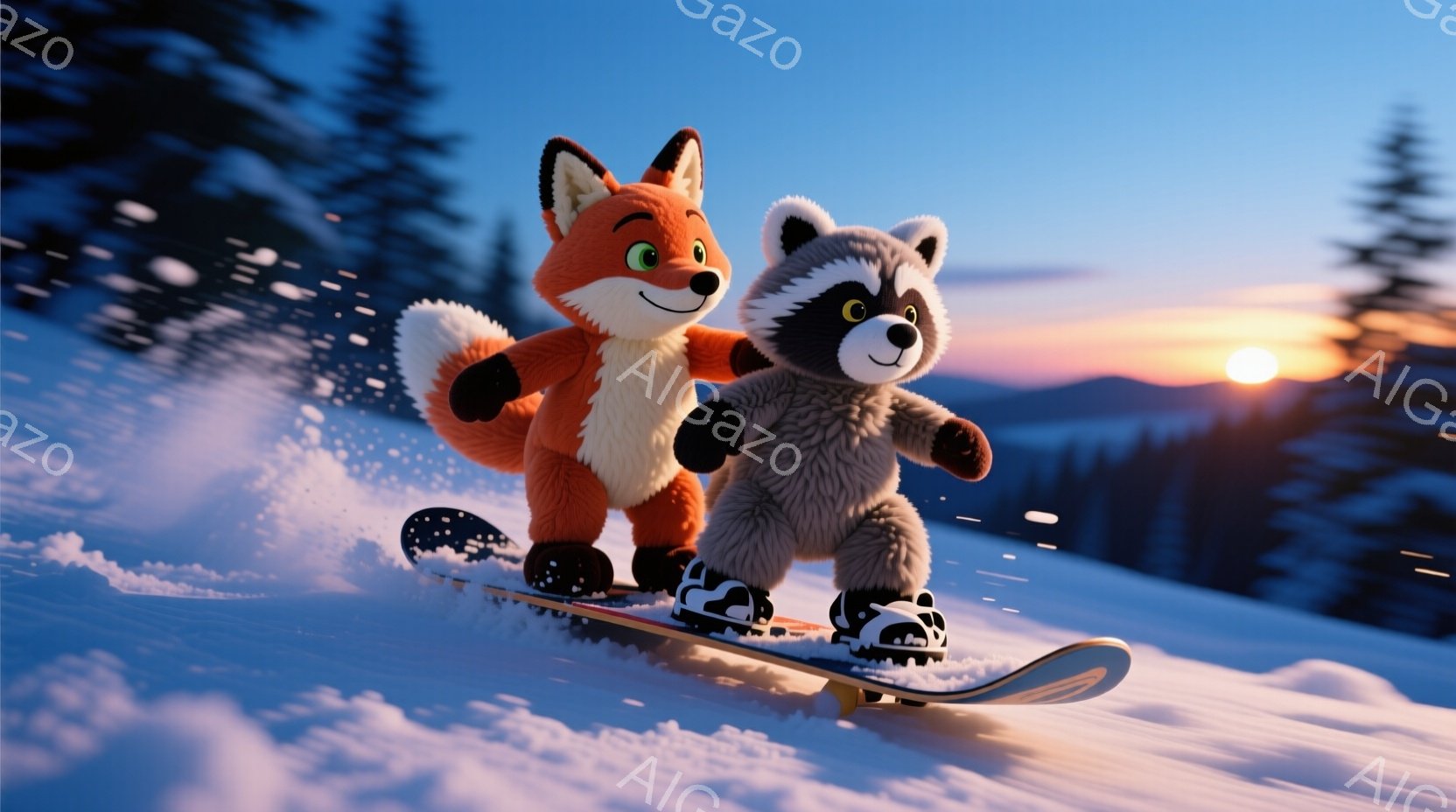 雪の上をスノーボードで滑るキツネとアライグマが描かれています。キツネはオレンジ色の毛並みで、アライグマは灰色の毛並みで、どちらも楽しそうな表情をしています。背景には雪景色が広がり、遠くには山々が見え、夕焼け空が暖かく、活気に満ちた冬の雰囲気を醸し出しています。