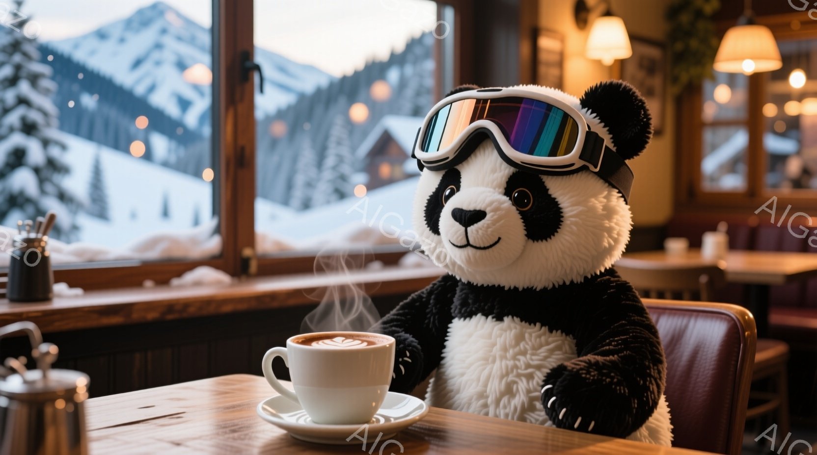 白と黒のパンダのぬいぐるみは、スキーゴーグルを着用し、茶色の革張りの椅子に座って、湯気が立つカップのコーヒーを見つめています。背景には、雪に覆われた山々と建物が広がり、カフェのような温かく居心地の良い雰囲気が漂っています。暖色の照明が室内を照らし、冬の静けさと安らぎを感じさせます。