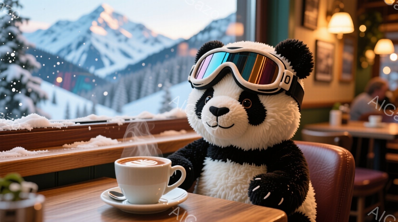 白いパンダのぬいぐるみが、窓際のテーブルでコーヒーを前に座っています。パンダはスキーゴーグルをかけており、少し誇らしげな表情をしています。背景には雪山と降雪の風景が広がり、暖炉の光とテーブルの木製の質感が温かい雰囲気を醸し出しています。