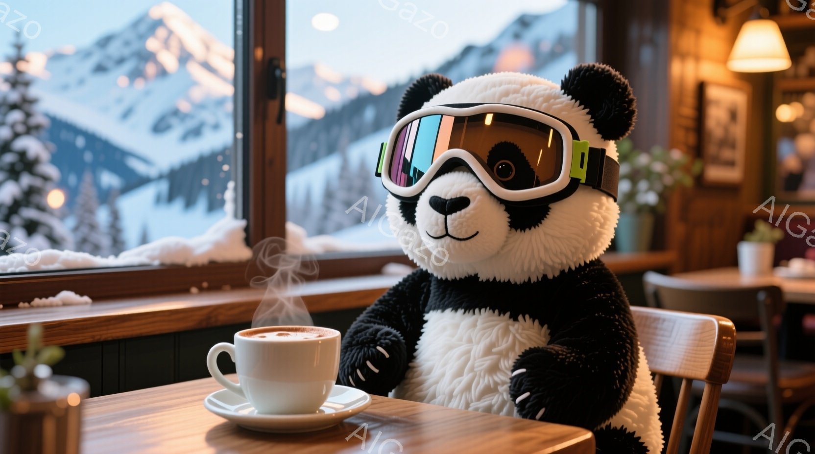 白黒のパンダのぬいぐるみが、カフェのような場所でコーヒーカップの前に座っています。パンダはスキーゴーグルを着用しており、リラックスした表情で、窓の外の雪山を見渡しています。背景には、雪に覆われた山々、 - AI生成フリー素材