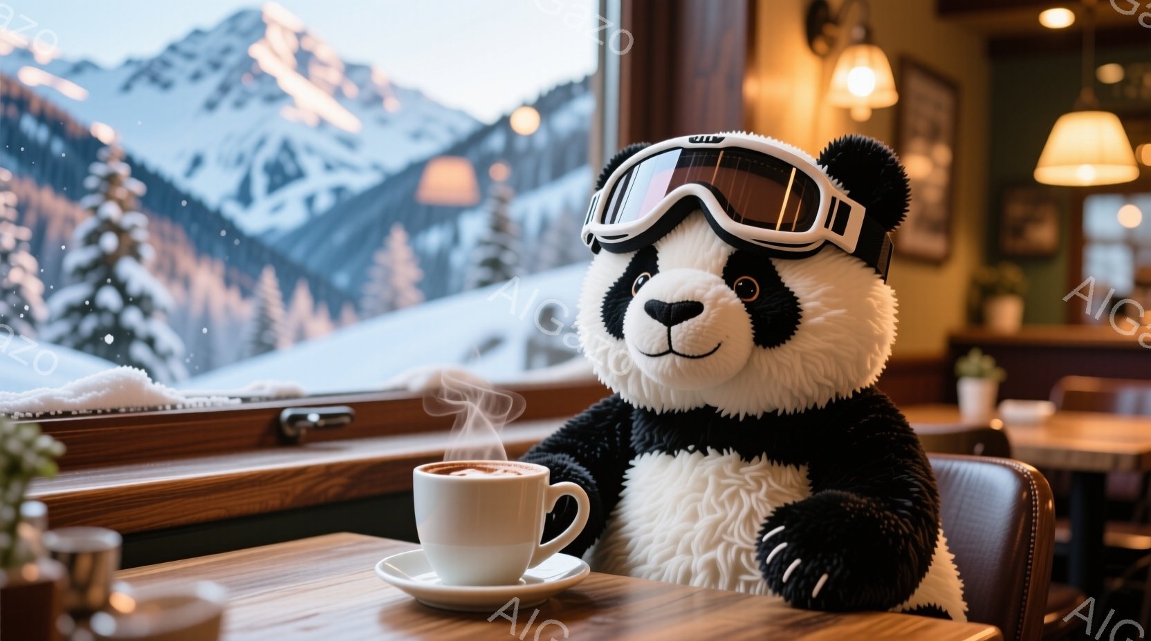 白と黒のパンダのぬいぐるみは、スキーゴーグルを着用し、テーブルに座ってコーヒーカップを前にしています。背景には雪を頂いた山々と、窓から見える冬の風景が広がっており、室内は暖かく落ち着いた雰囲気です。パンダはリラックスした姿勢で、まるで休暇を楽しんでいるかのようです。