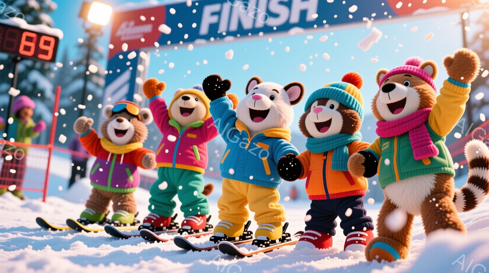 雪のスキーコースを滑走する四匹の愛らしいクマのキャラクターが描かれています。各クマはカラフルなスキーウェア、帽子、手袋を着用し、満面の笑みを浮かべ、腕を上げて喜びを表現しています。背景には「FINISH」と書かれた旗と、雪が舞う白いスキーコースが広がり、活気にあふれた冬の雰囲気を醸し出しています。