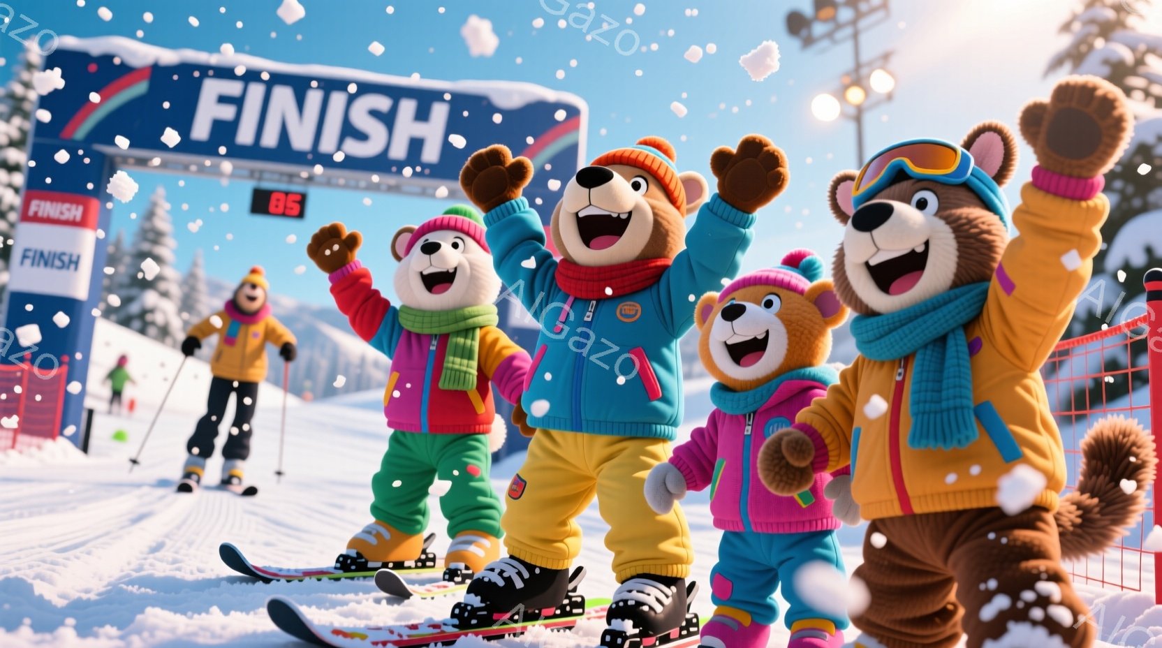 雪山のスキー場で、クマのキャラクターたちがスキースロープを駆け下りた直後に喜びを表現しています。キャラクターたちはそれぞれカラフルなスキーウェアと帽子を身に着け、満面の笑みを浮かべて腕を上げています。背景には、雪景色が広がり、遠くには他のスキーヤーと「FINISH」と書かれたゴール板が見え、陽気でエネルギッシュな雰囲気が漂っています。