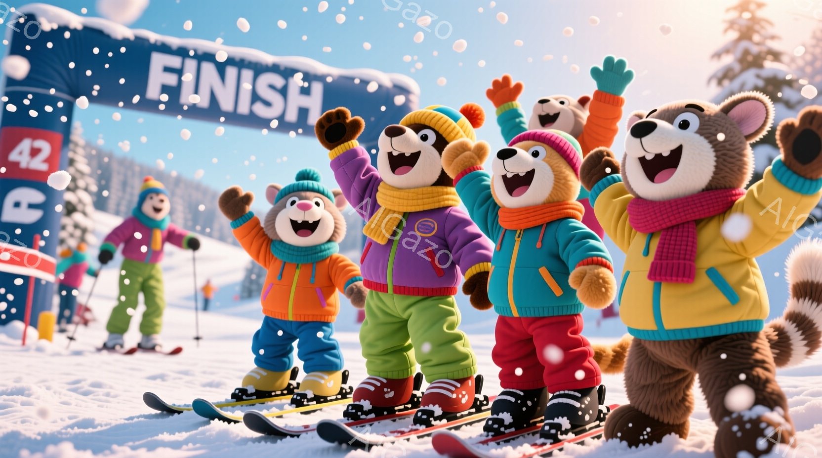 スキーを終えて歓喜する擬人化されたクマたちが写っています。それぞれ鮮やかな紫、オレンジ、黄色、緑のスキーウェアと帽子を着用し、顔には喜びの表情が浮かんでいます。背景には雪景色が広がり、「FINISH」と書かれたゴールテープ、遠くには雪山が見え、全体的に陽気で活気のある冬の雰囲気が漂っています。