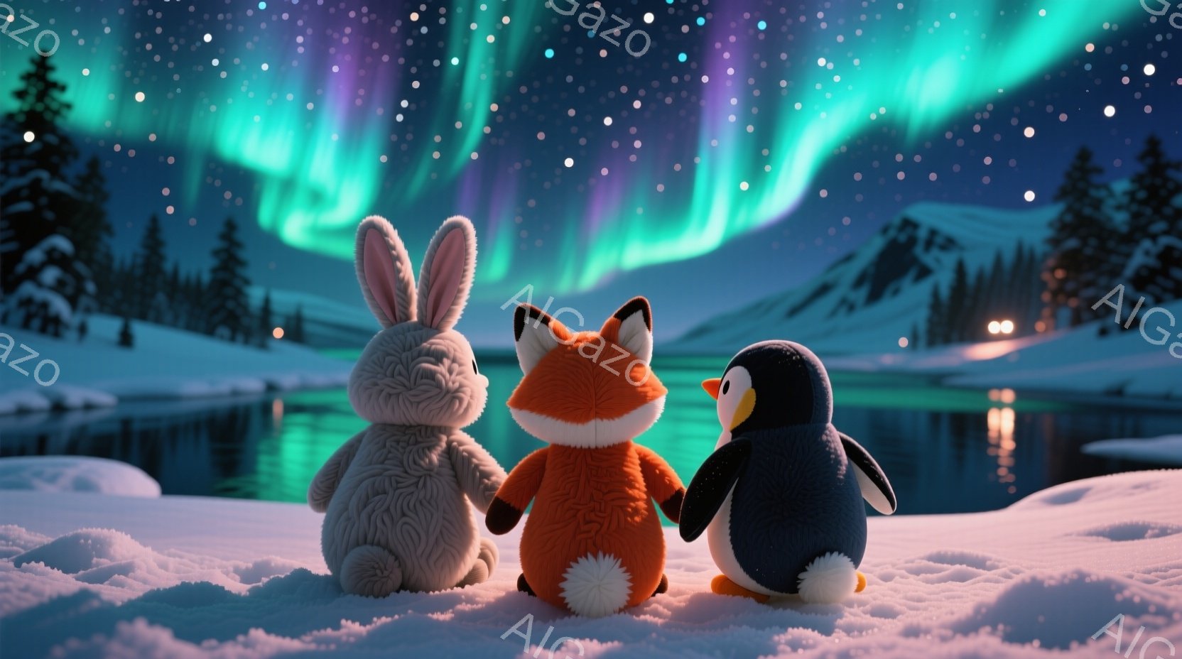 雪景色の中で、ふわふわのウサギ、キツネ、ペンギンのぬいぐるみたちが寄り添って座っています。背景には、緑と紫に輝くオーロラと、雪に覆われた山々、そして凍った湖が広がっています。全体的に幻想的で、静かで平 - AI生成フリー素材