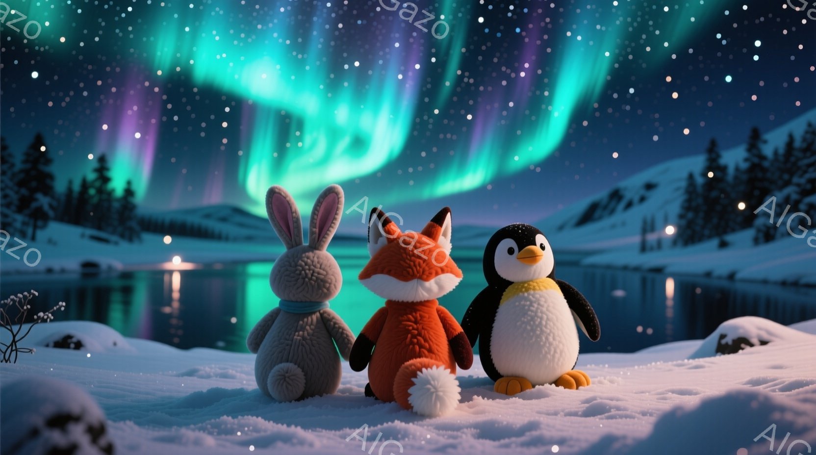 雪景色の中に、ふわふわのウサギ、キツネ、ペンギンのぬいぐるみたちが並んでいます。彼らは皆、雪の上に座り、前方を向いており、静かで穏やかな雰囲気です。背景には、雪に覆われた山々と、オーロラが輝く夜空が広 - AI生成フリー素材
