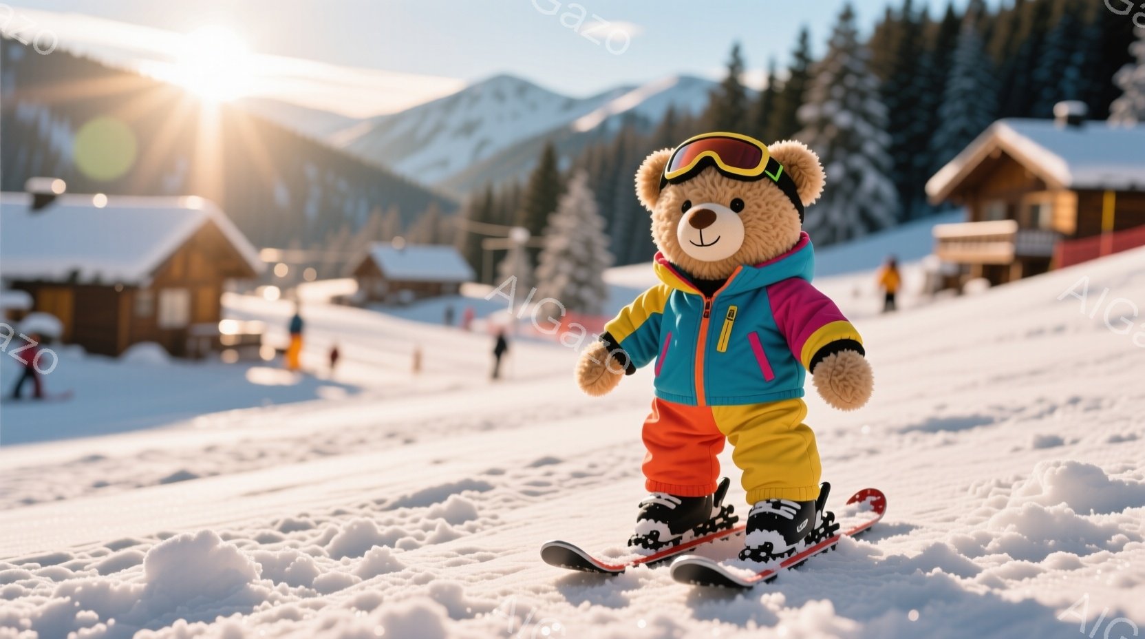 白い雪景色の中に、カラフルなスキーウェアを着たテディベアが立っている。鮮やかなピンク、青、黄色、オレンジ色のウェアに身を包み、黒いゴーグルをかけてスキー板に立っており、元気いっぱいの表情を見せている。 - AI生成フリー素材