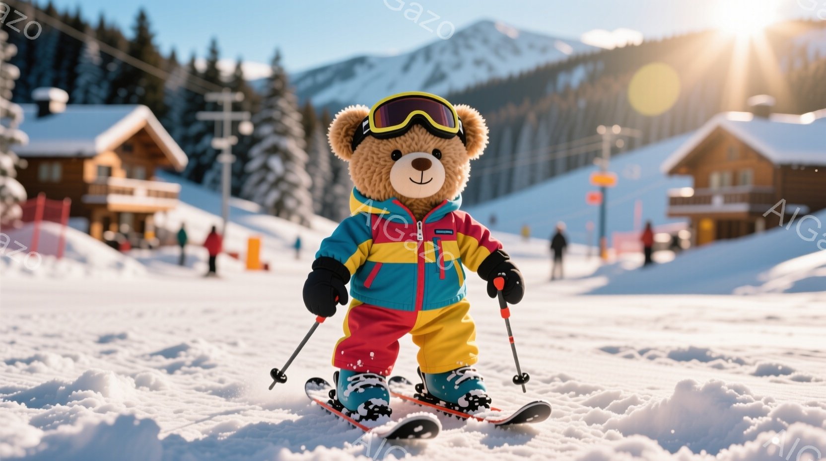 白い雪の上に、スキーウェアを着たテディベアが立っている。鮮やかなピンク、黄色、青色のスキーウェアに、黒いゴーグルと手袋を着用し、スキー板とストックを持ったポーズをとっている。背景には、雪を頂いた山々と、木々が生い茂る丘陵地帯、そして可愛らしい山小屋が見え、晴天の下、冬の活気ある雰囲気が漂っている。