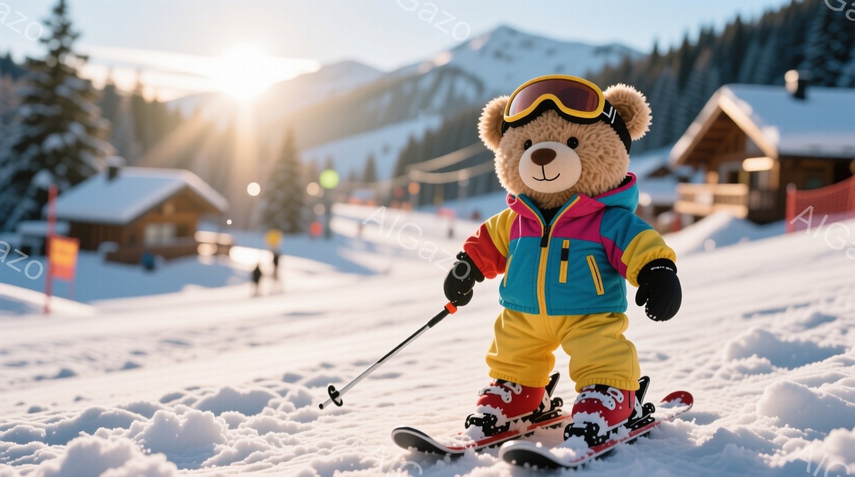 雪景色の中で、テディベアがスキーウェアを着て立っている。鮮やかなピンク、黄色、青のスキーウェアとゴーグルを身につけ、小さなスキー板とポールを持っている。背景には雪に覆われた山々と木々、そして遠くに見える山小屋があり、晴れた冬の日の穏やかな雰囲気を醸し出している。