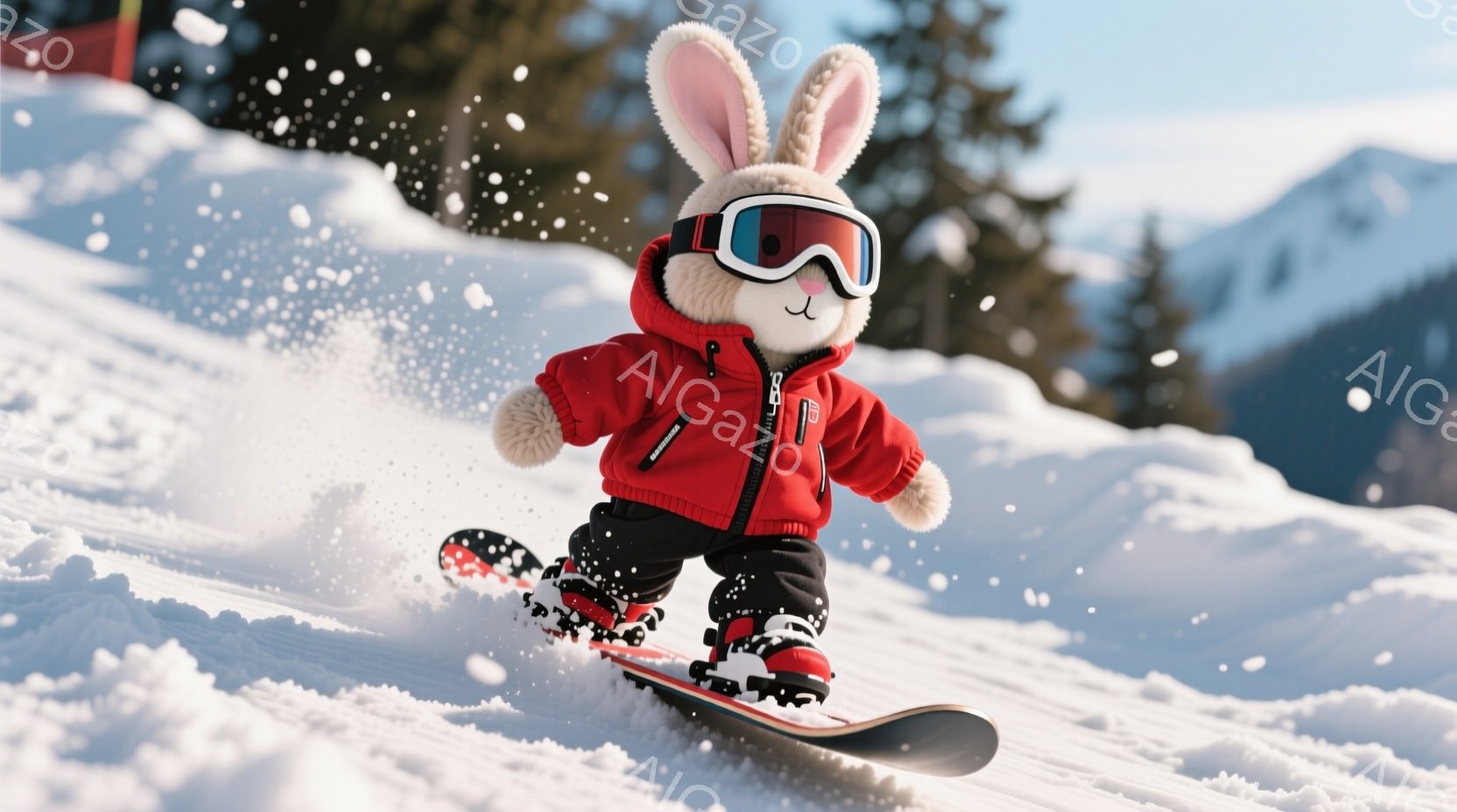 白い毛並みを持つウサギが、雪山でスノーボードを楽しんでいます。赤いジャケットと黒いズボンを身に着け、ゴーグルをかけている姿は躍動感にあふれています。背景には雪をまとった山々と青空が広がり、冬の爽やかな - AI生成フリー素材