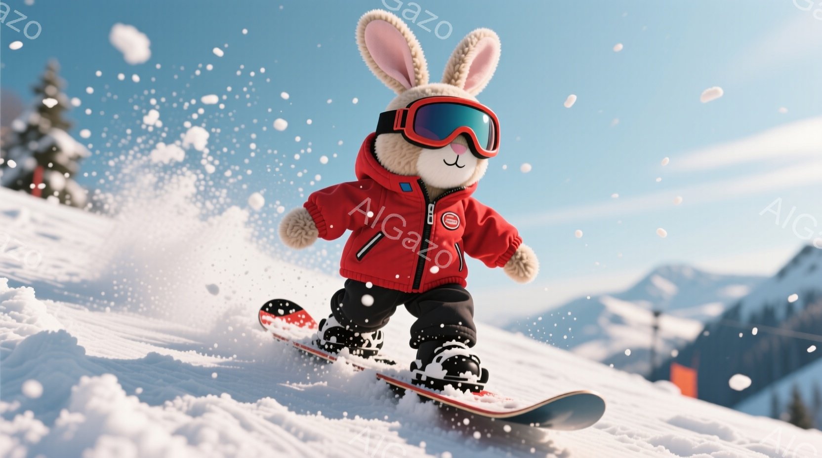 白い毛並みを持つウサギが、赤いスキーウェアとゴーグルを身に着け、雪山でスノーボードを楽しんでいる。ウサギは前かがみになり、スピードに乗って雪面を滑っており、周囲には雪が舞っている。背景には雪を頂いた山 - AI生成フリー素材