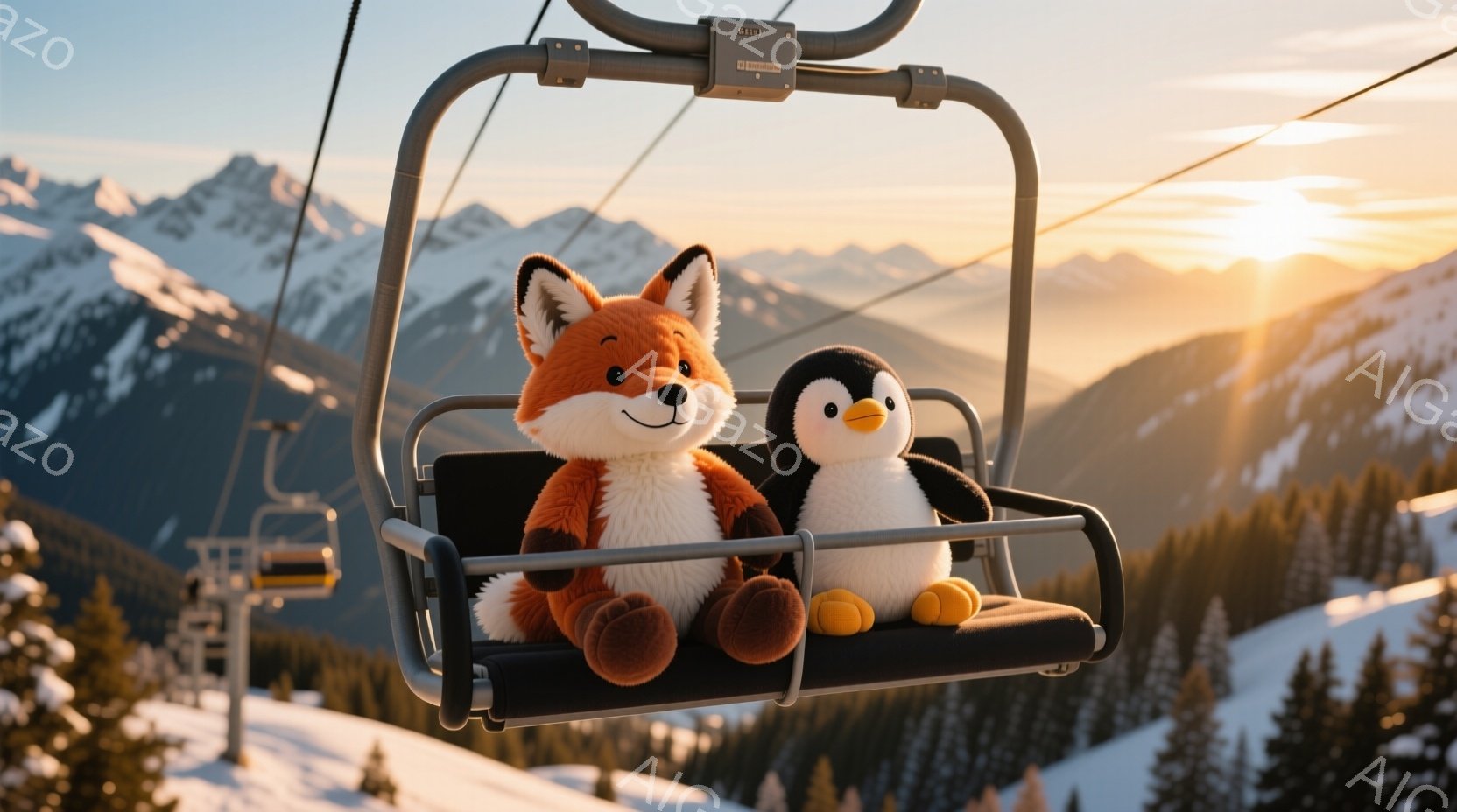雪山を背景に、可愛らしいキツネとペンギンのぬいぐるみ2体がスキーリフトの椅子に並んで座っています。ふたりのぬいぐるみは穏やかな表情で、リラックスした様子が伺えます。背景には雪を頂いた山々が広がり、夕焼けのような暖かな光が差し込み、穏やかで平和な雰囲気を醸し出しています。