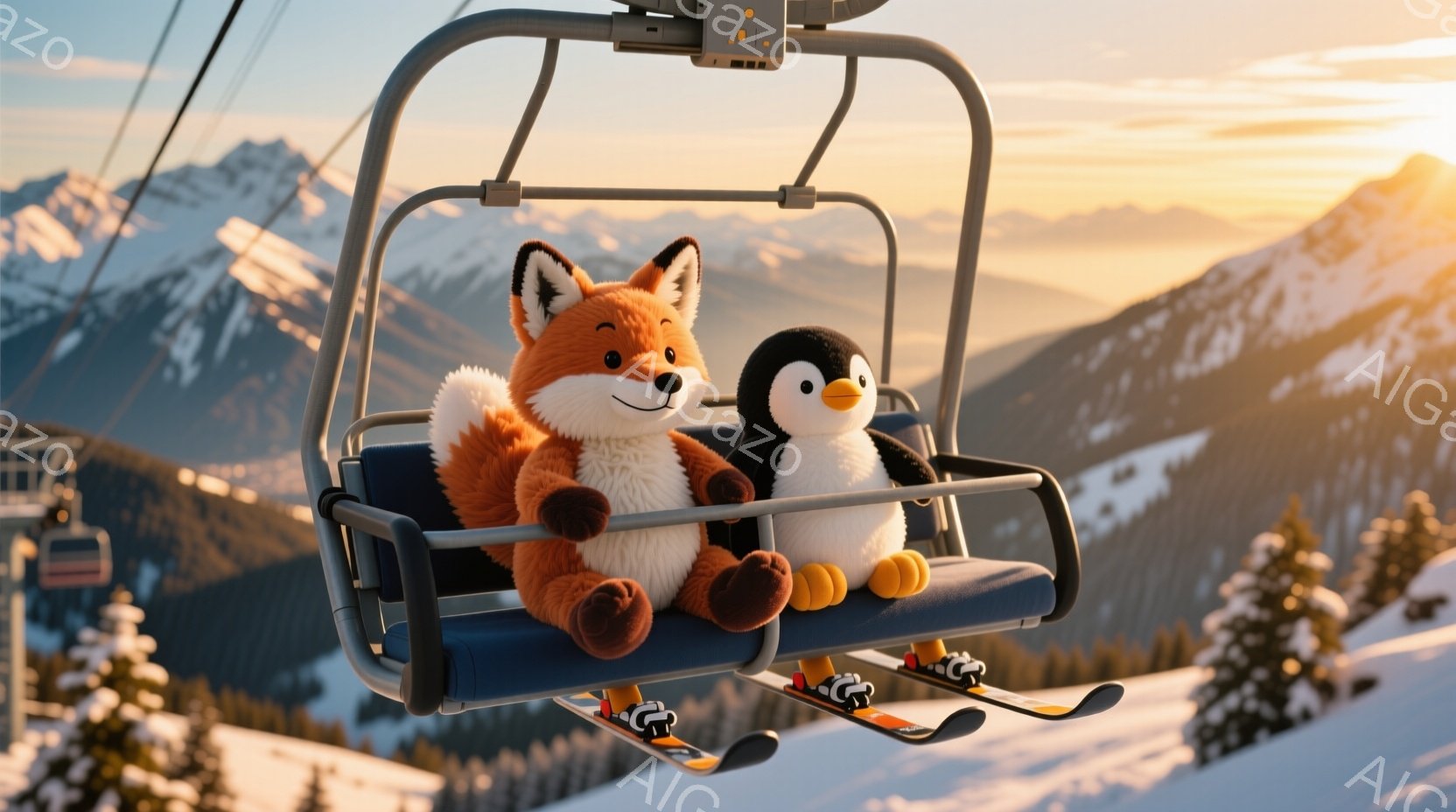 雪山を背景に、リフトに乗ったぬいぐるみのアカギツネとペンギンの姿が描かれています。アカギツネはオレンジ色の毛並みで、ペンギンは白黒の体に黄色い足を持っています。二匹ともスキーを履き、リフトの座席に座って遠くの雪景色を眺めているようです。