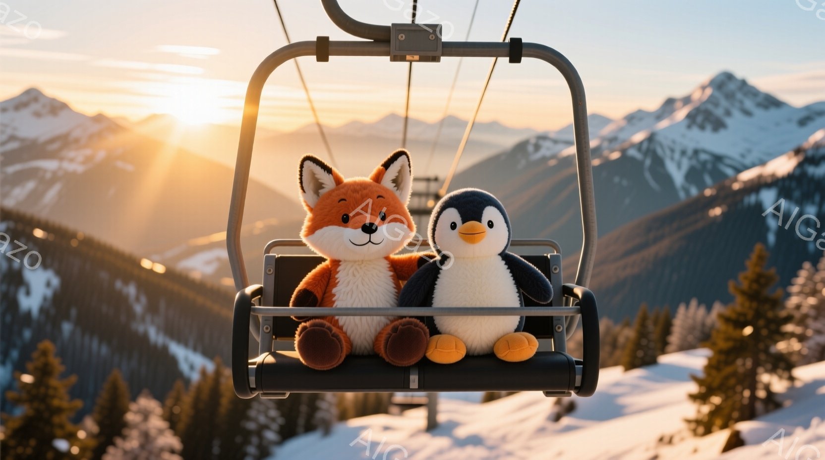 ぬいぐるみであるキツネとペンギンが、スキーリフトの座席に並んで座っています。背景には雪を頂いた山々が連なり、夕日または朝日の光が暖かく照らし、冬のスキー場という穏やかな雰囲気を醸し出しています。周りに - AI生成フリー素材
