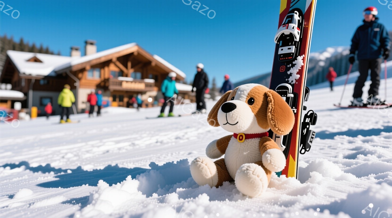 雪景色の中に、ぬいぐるみ犬がスキー板にもたれて座っています。背景には、雪をかぶった木々と可愛らしい茶色の建物が見え、晴天の青空が広がっています。全体的に穏やかで暖かい雰囲気の冬の日のスロープの様子が伝 - AI生成フリー素材
