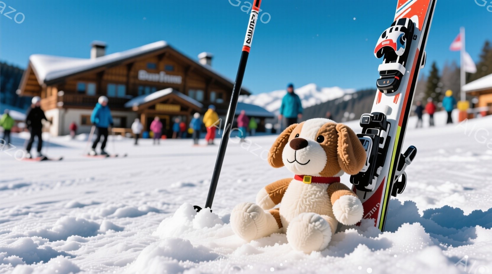 雪の上に座っているふわふわの犬のぬいぐるみと、スキー板が写っています。背景には、雪山とスキーリゾートの建物が見え、スキーヤーたちが滑走しています。晴天で、雪景色は明るく、全体的に温かみのある雰囲気です - AI生成フリー素材