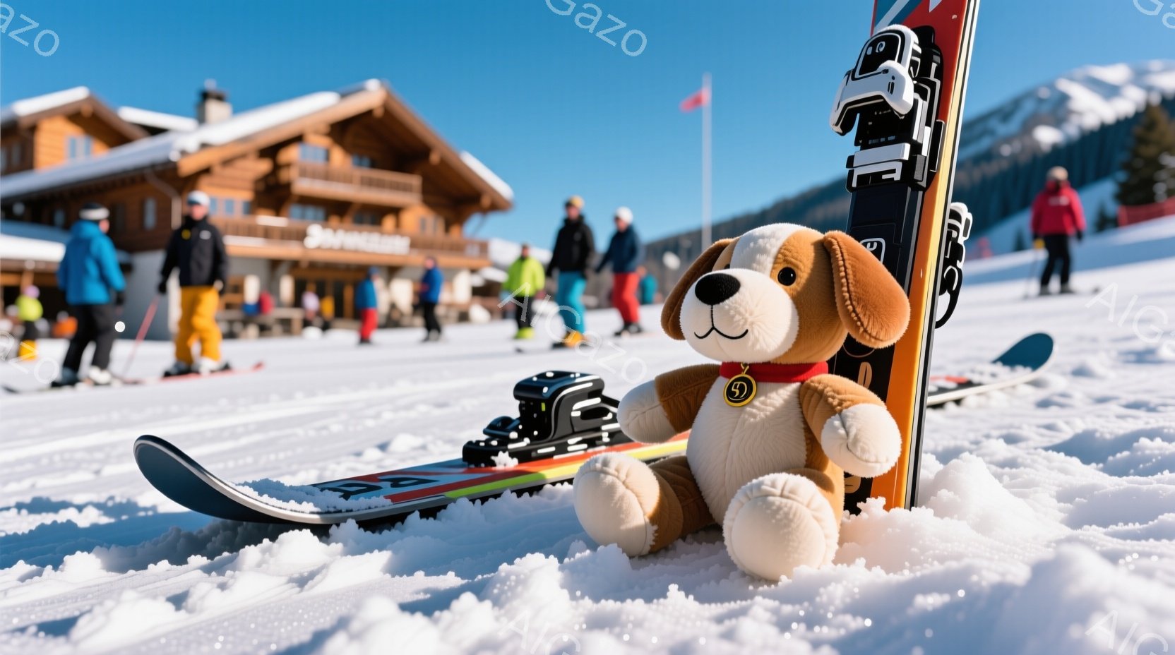 雪の上にスキー板と、その上に座っているぬいぐるみ犬が写っています。背景には、雪景色の中に木造の建物が見え、人々がスキーを楽しんでいます。晴天で、冬の穏やかな雰囲気が漂っています。 - AI生成フリー素材