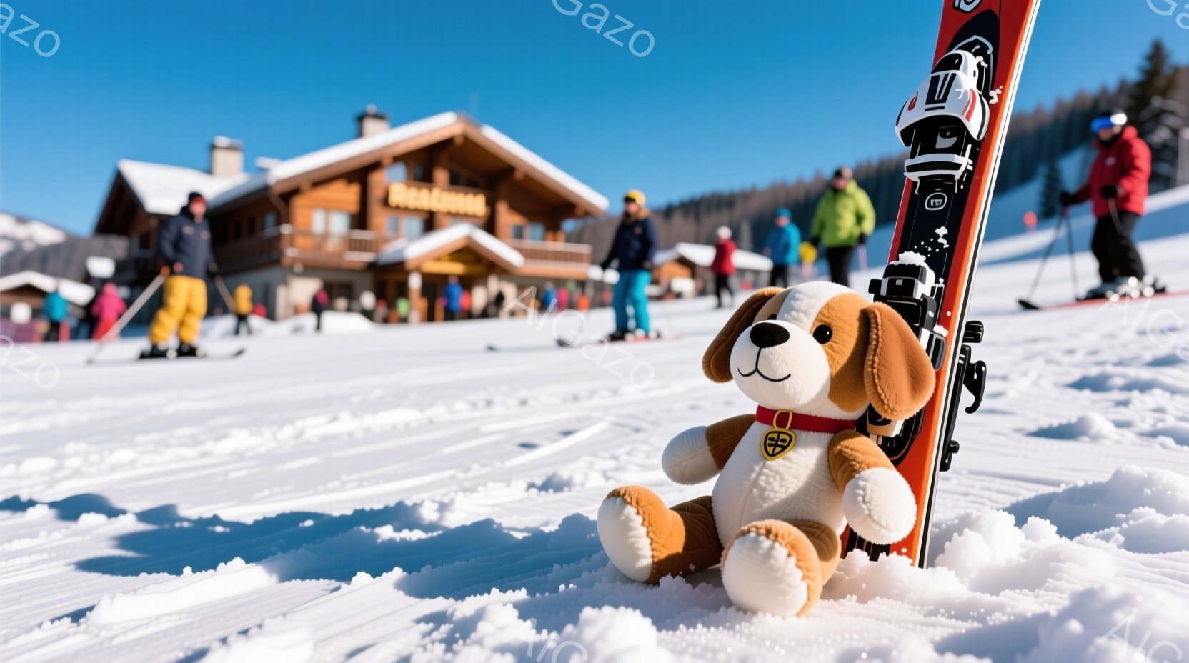 雪の上に、可愛らしい犬のぬいぐるみとスキー板が置かれています。ぬいぐるみは茶色と白の毛並みで、赤い首輪をつけており、スキー板に寄りかかっています。背景にはスキーリゾートの建物と、スキーを楽しむ人々が見え、晴れた冬の日の穏やかな雰囲気が漂っています。