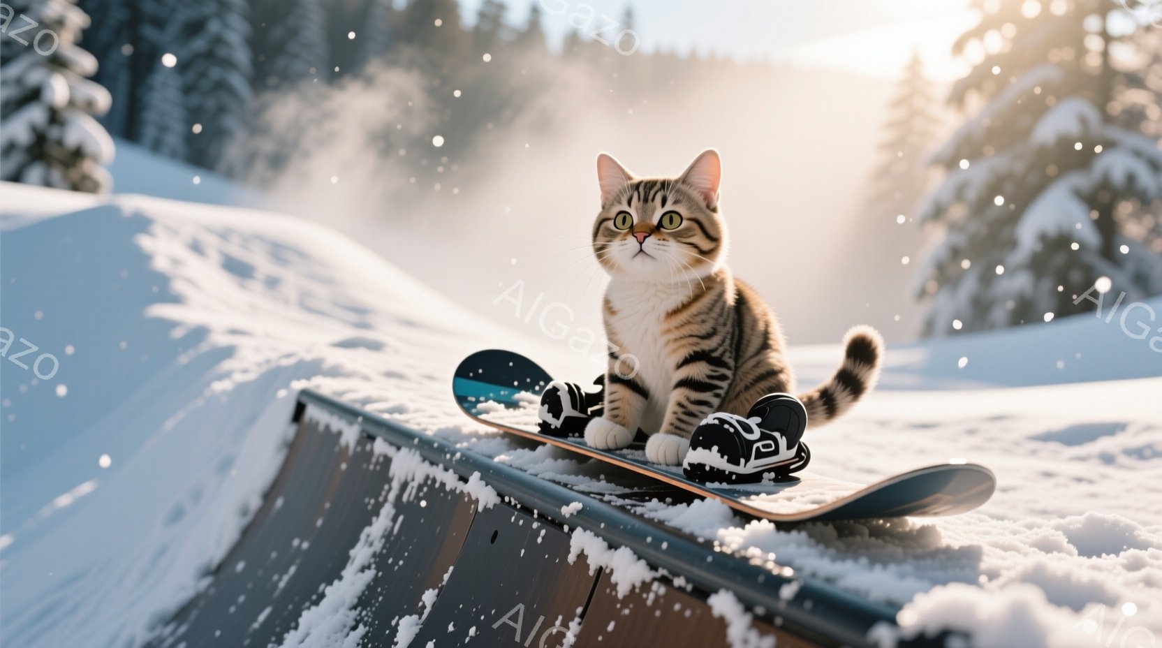 茶トラの猫がスノーボードに乗って、雪の上のレールに座っています。猫は白いブーツを履き、前方をまっすぐ見つめており、決意に満ちた表情をしています。背景には雪に覆われた木々と太陽の光が見え、冬の楽しさを感じさせる鮮やかな雰囲気です。