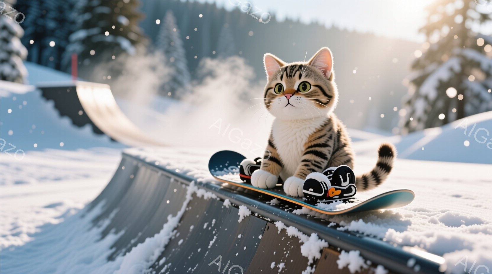 縞模様の猫が、雪の積もったスケートパークのハーフパイプでスケートボードに乗っている。猫は前足をボードの上に置き、後ろ足は空中に浮かせており、少し驚いたような表情をしている。背景には雪に覆われた木々と白い空が広がり、冷たく冬らしい雰囲気が漂っている。