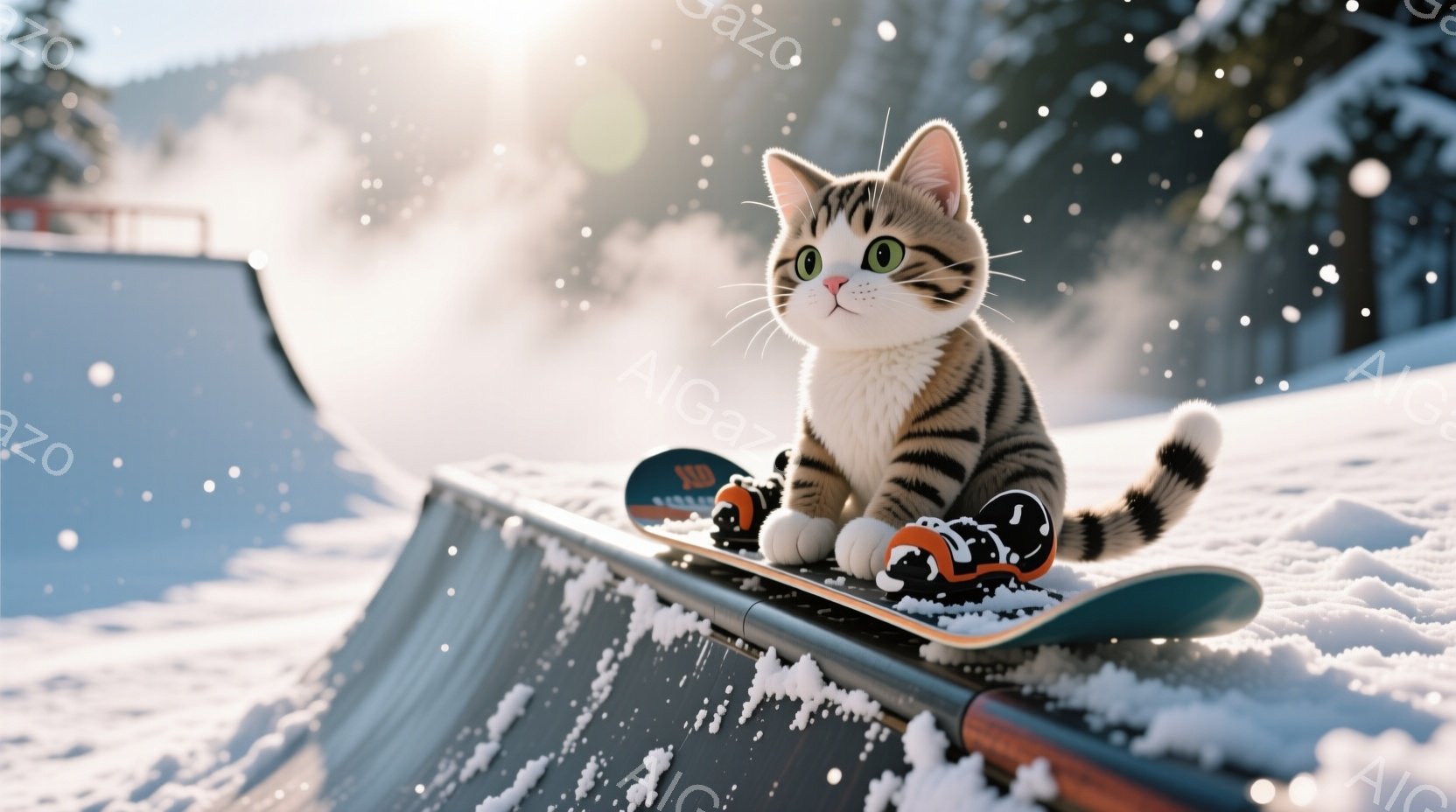 白と黒の縞模様の猫が、雪で覆われたハーフパイプの縁に座ってスノーボードに乗っている。猫は真っ直ぐ前を見て、少し驚いたような表情をしている。背景には、雪に覆われた山々と青空が広がり、雪が舞う冬の風景が広がっている。