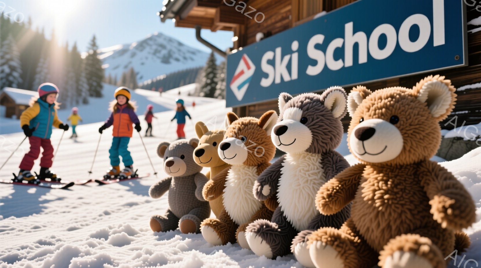 雪景色の中に、茶色、灰色、ベージュのテディベアが並んで座っており、それぞれの表情は穏やかで可愛らしいです。背景にはスキー場と雪山が広がり、スキーウェアを着た子供たちがインストラクターに先導されながらス - AI生成フリー素材