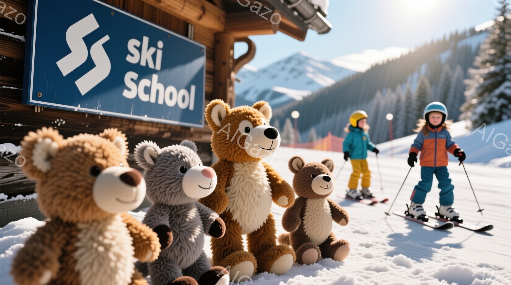 雪景色の中で、スキー学校の看板を背景に、可愛らしいテディベアたちが並んでいます。少年はオレンジと青のスキーウェアを身につけ、ヘルメットをかぶり、スキー板に乗って滑走しています。背景には雪に覆われた山々 - AI生成フリー素材