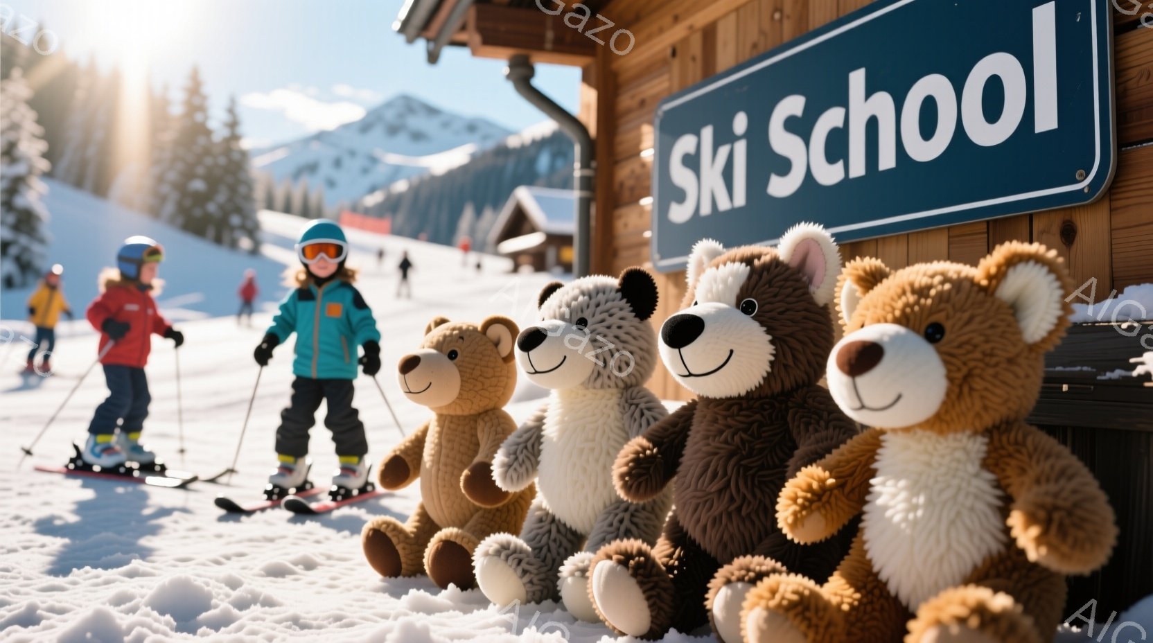 晴れたスキー場で、子供がスキーレッスンを受けています。ピンクと黒のスキーウェアに、ヘルメットとゴーグルを着用し、楽しそうな表情で滑っています。背景には雪を抱いた山々と、木造の建物が見え、冬の澄んだ空と - AI生成フリー素材