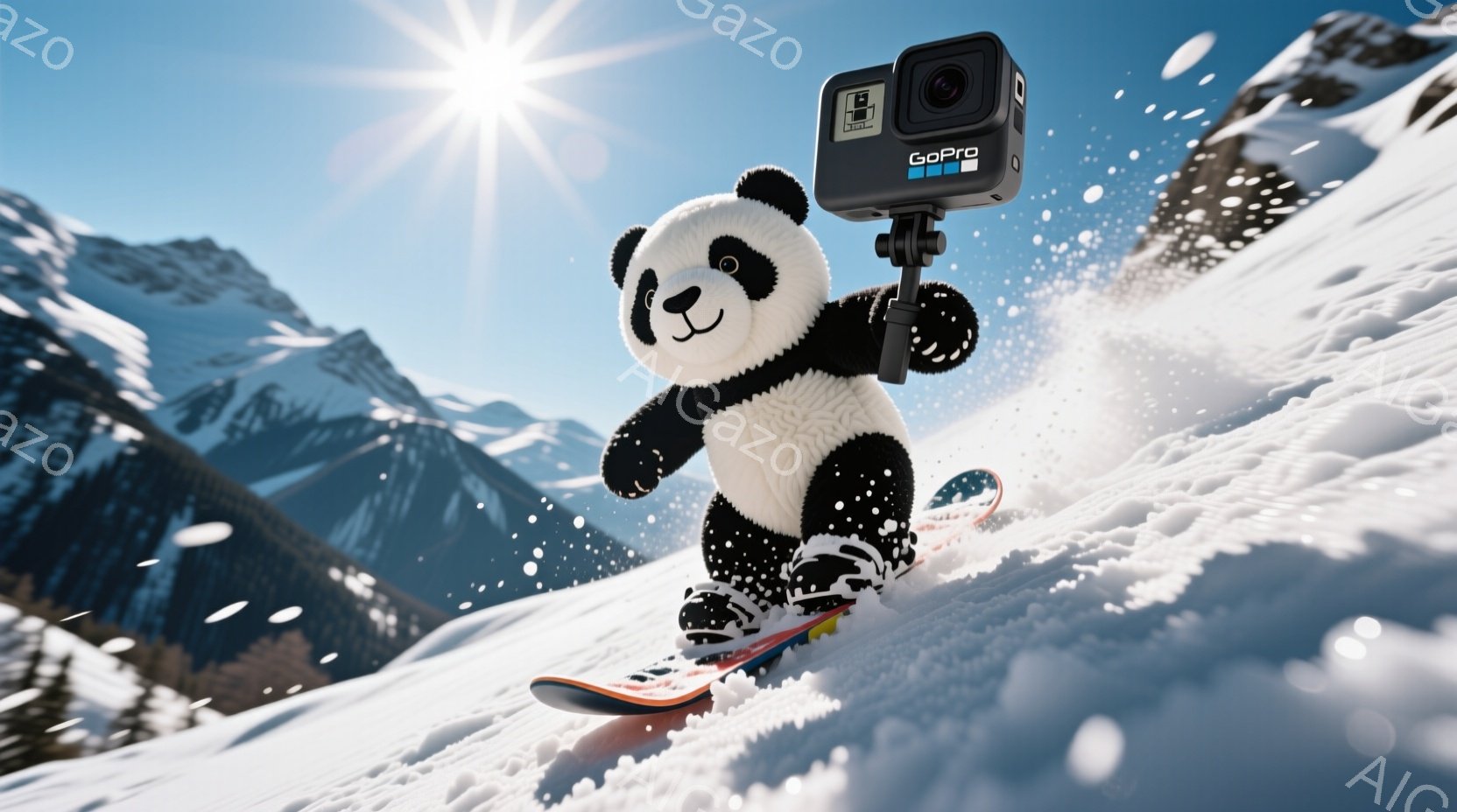 白黒のパンダが雪山でスノーボードを楽しんでいる様子が描かれています。パンダはスノーボードに乗って斜面を下っており、頭にはGoProカメラが取り付けられています。背景には雪を頂いた山々が広がり、晴天の下、爽やかな冬の雰囲気が漂っています。
