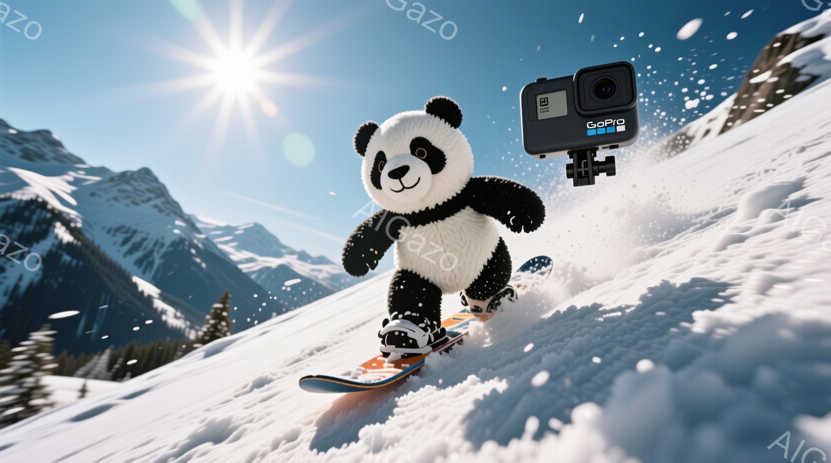 白い雪山を背景に、スノーボードに乗ったパンダが描かれています。パンダは黒いゴーグルをつけ、楽しそうな表情でスピードに乗って雪面を滑走しており、頭部にはGoProのカメラが取り付けられています。晴天で雪が舞う中、躍動感あふれる冬のシーンが展開されています。
