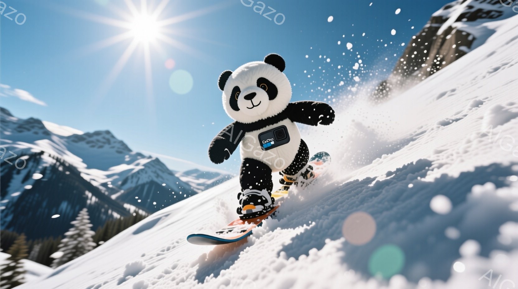雪山をスノーボードで滑っているパンダのぬいぐるみです。オレンジ色のスノーボードとブーツを履き、胸にはGoProのカメラが取り付けられています。背景には雪に覆われた山々と松の木が見え、晴天で雪がキラキラと輝いている様子から、爽やかで楽しい雰囲気が伝わってきます。