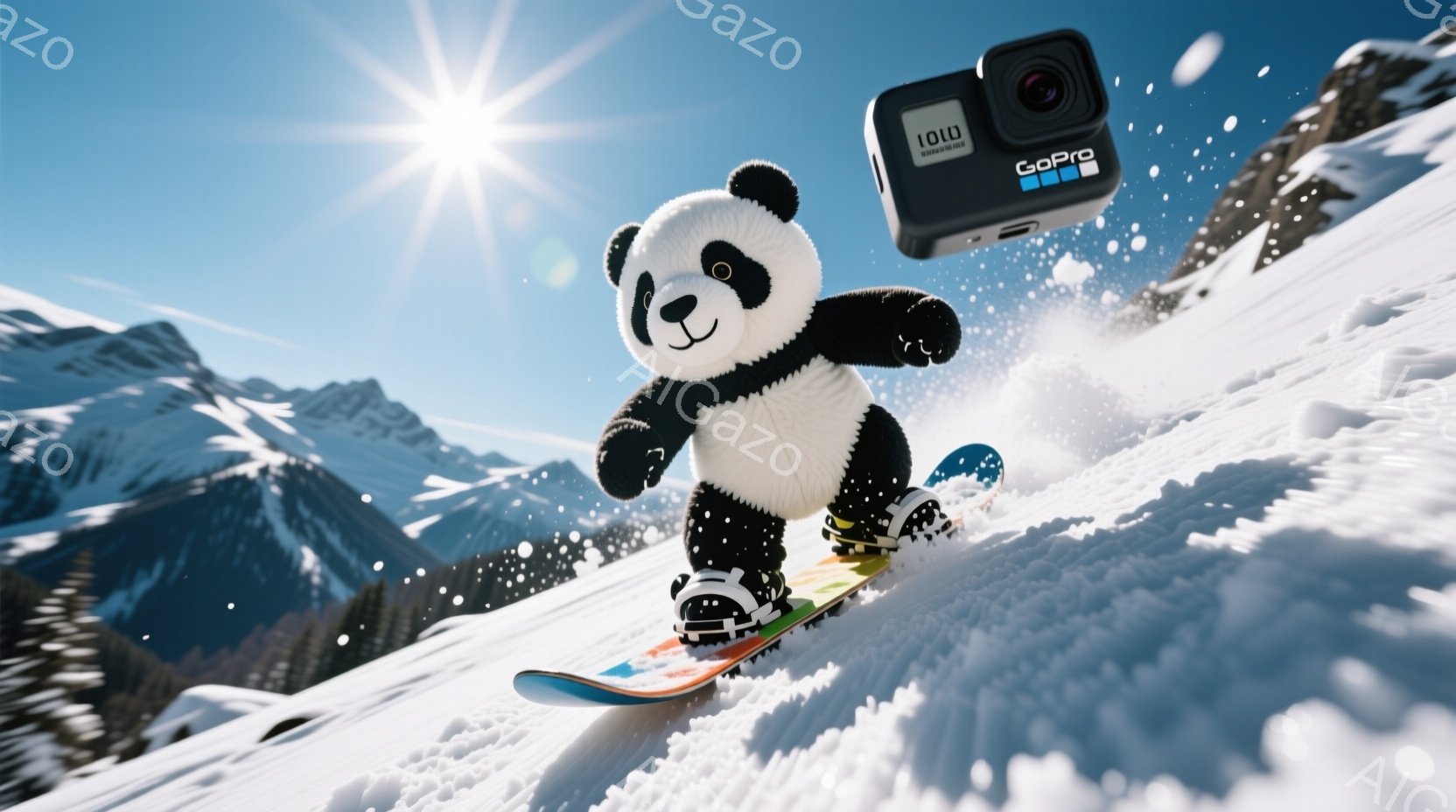 白い雪山を背景に、パンダのキャラクターがスノーボードを楽しんでいます。パンダは黒いスノーボードウェアを着て、ボードに乗りながら笑顔を見せています。背景には雪をまとった山々が広がり、晴天の下、爽やかな冬の雰囲気が漂っています。