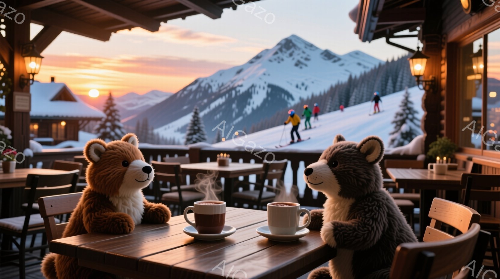 暖炉付きのテラス席に、可愛らしいクマのぬいぐるみたちが向かい合って座っており、それぞれの前に湯気が立ち上るホットドリンクのカップが置かれている。背景には雪をまとった山々と、スキーを楽しむ人々の姿が広がり、夕焼け空が美しい景色を作り出している。 全体的に温かく、リラックスした雰囲気で、冬の休日の穏やかなひとときが感じられる。