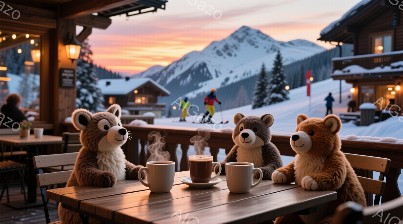 雪山を背景に、木製のテーブルを囲んで3匹のテディベアがコーヒーを楽しんでいる様子が描かれています。テディベアたちは可愛らしい表情で、リラックスした姿勢でコーヒーカップを見つめています。背景には雪に覆わ - AI生成フリー素材