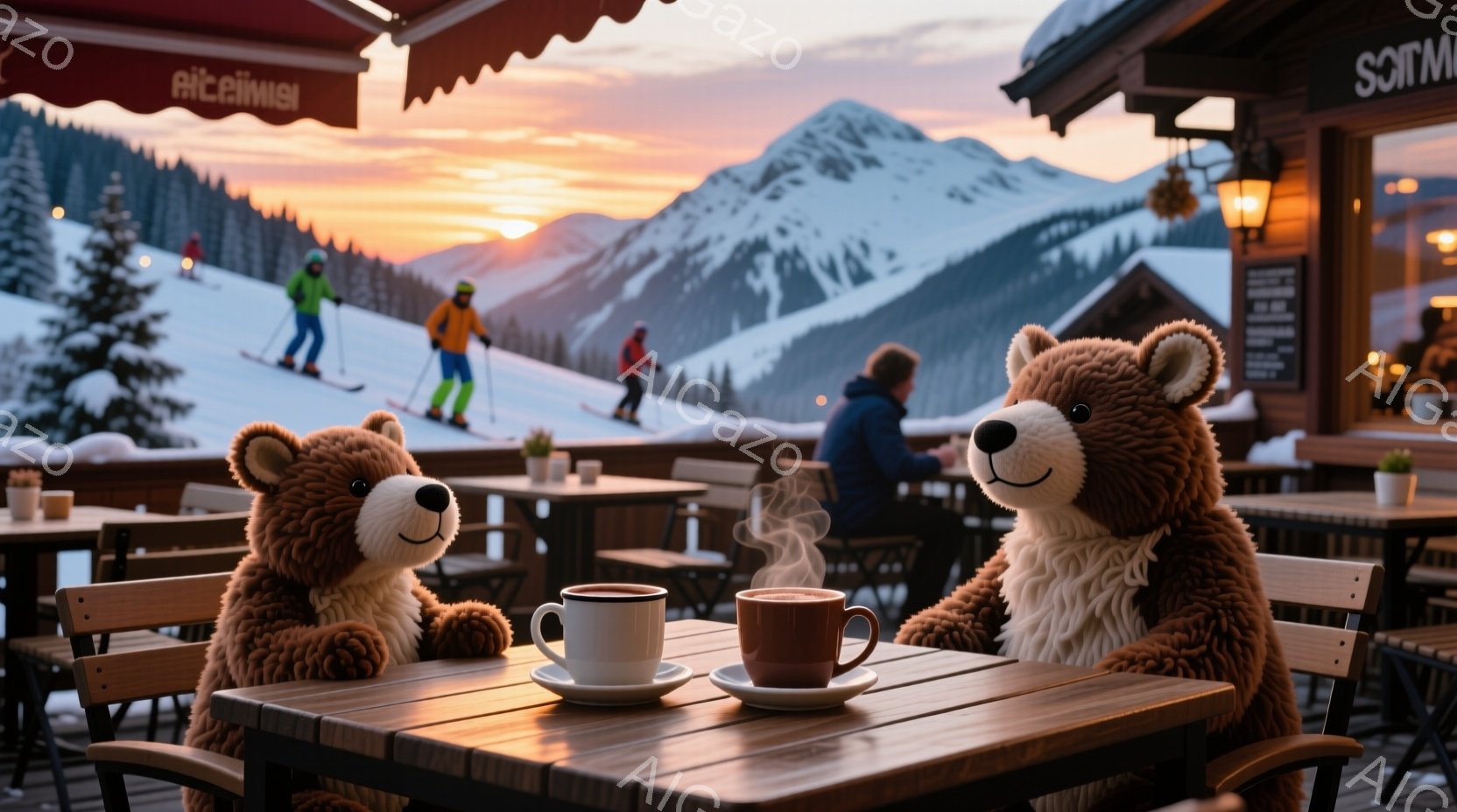 2匹のテディベアが、雪景色を望むカフェの屋外席で向かい合って座り、それぞれコーヒーカップを前にしている。背景には雪山が広がり、スキーヤーが斜面を滑下しているのが見える。夕焼けのようなオレンジ色の空が、 - AI生成フリー素材