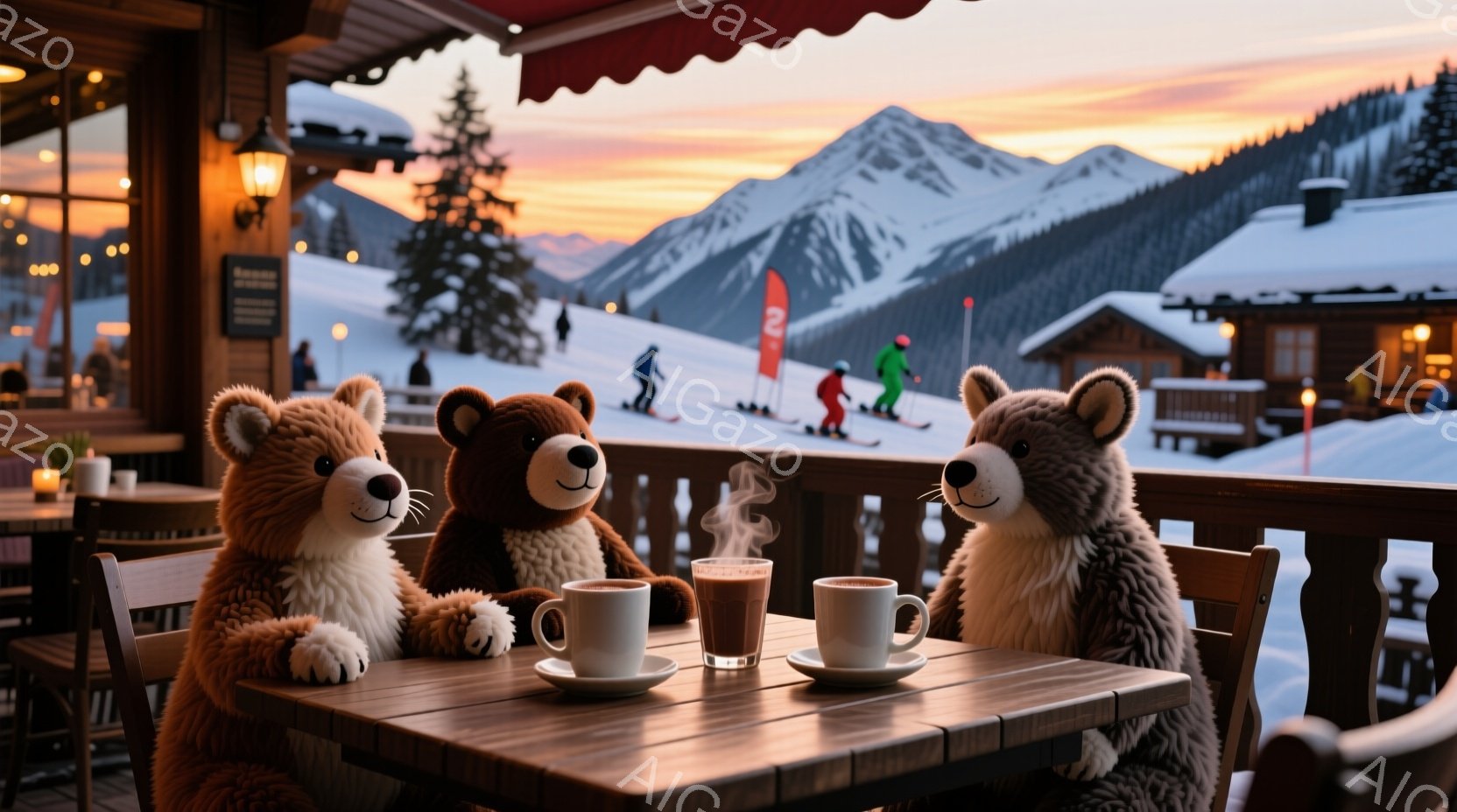 暖炉が灯るカフェのテラス席に、3匹のテディベアが座り、熱い飲み物を楽しんでいる。背景には雪を頂いた山々とスキーヤーがおり、夕焼け空が美しい景色を作り出している。全体的に暖かく、リラックスした雰囲気で、冬の休暇の快適さを感じさせる。