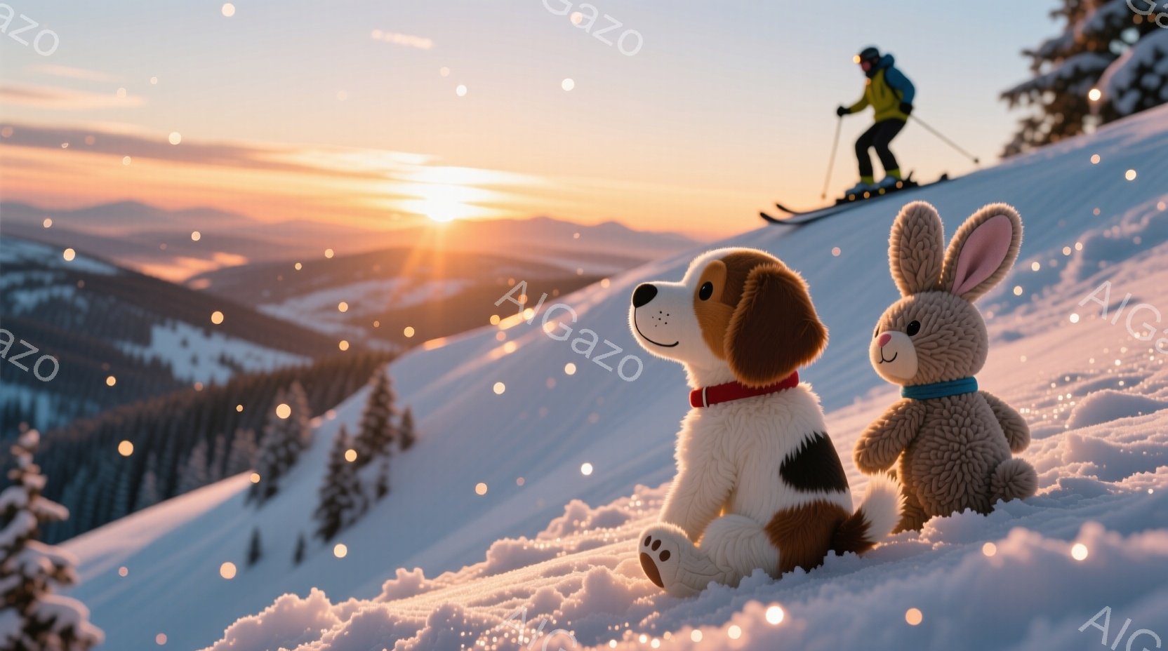 雪景色の中に、ふわふわの犬とウサギのぬいぐるみがお座りしています。背景にはスキーヤーがおり、夕焼けの光が雪山をオレンジ色に染めています。全体的に暖かく、平和で、冬の風情が感じられる画像です。 - AI生成フリー素材
