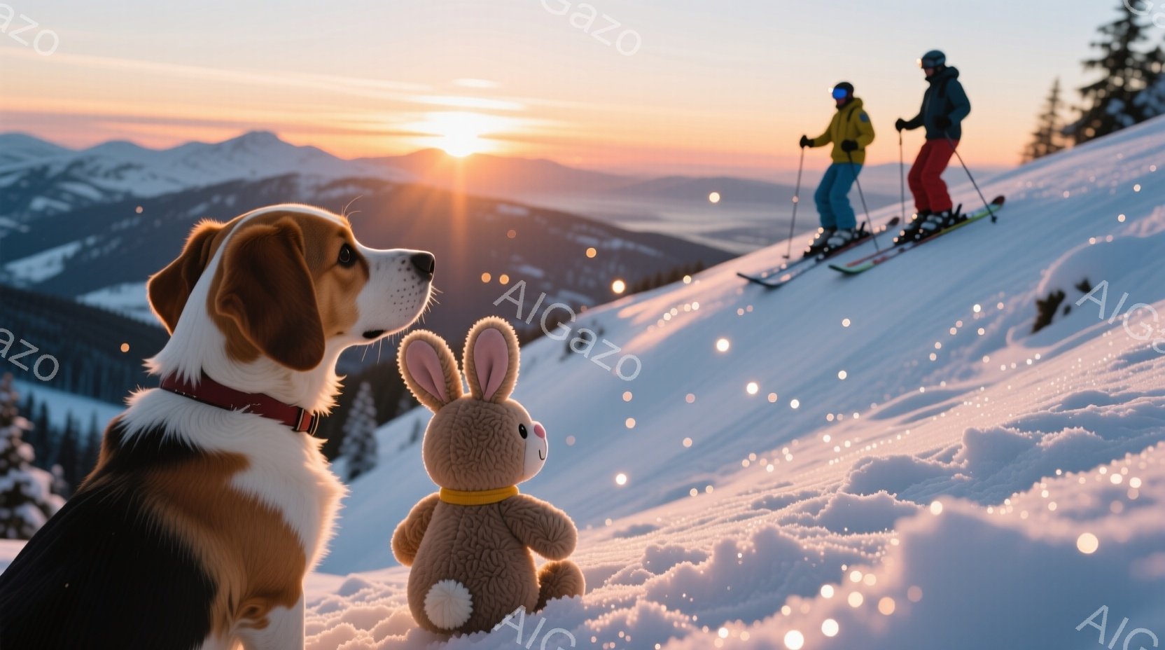雪山を背景に、茶色いぬいぐるみウサギと犬が寄り添って立っています。犬は首輪をつけており、遠くに見えるスキーヤーを見つめています。背景には夕焼けのような暖かな光が広がり、雪景色と相まって穏やかな雰囲気を - AI生成フリー素材
