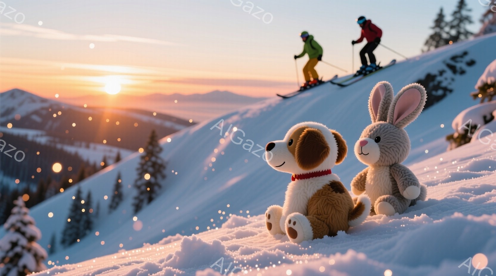 雪山を背景に、ふわふわのテディベアとウサギのぬいぐるみが寄り添って座っている。遠くにはスキーヤーが二人、雪の上を滑っているのが見える。背景は夕焼けに染まり、雪がキラキラと輝き、穏やかで温かい雰囲気を醸 - AI生成フリー素材