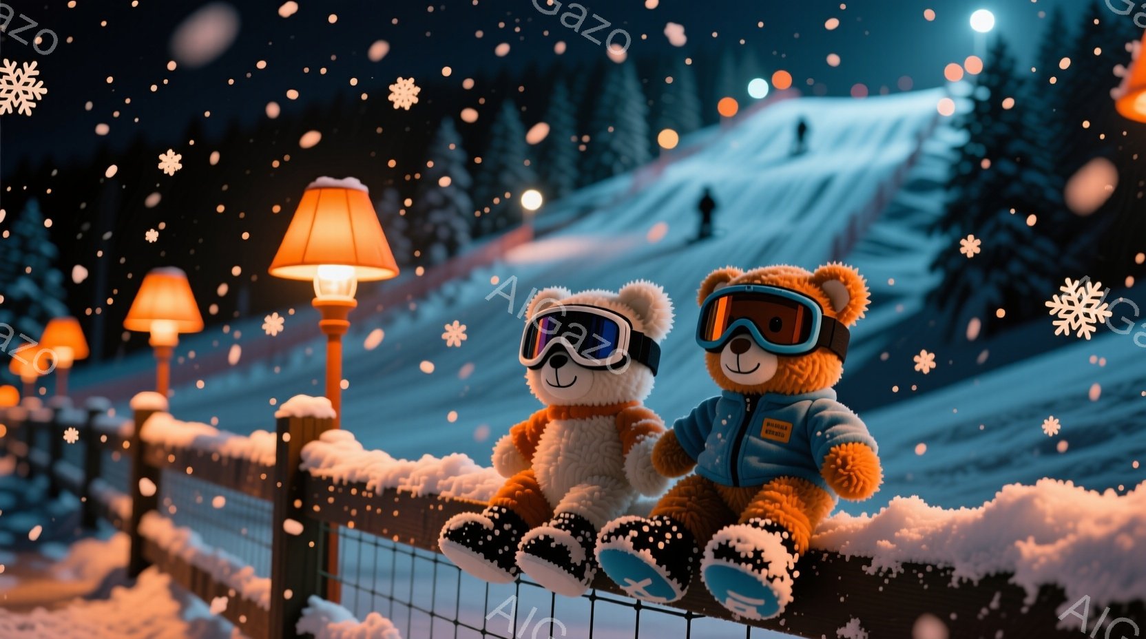 雪が降る夜のスキー場で、2匹のテディベアが柵に座って景色を眺めている。2匹ともスキーゴーグルと青いスキーウェアを身に着け、片足を組んでリラックスした様子で、暖かな光に照らされたゲレンデを見下ろしている。背景には雪に覆われた山々と、遠くにスキーヤーの姿が見え、静かで穏やかな冬の夜の雰囲気が漂っている。